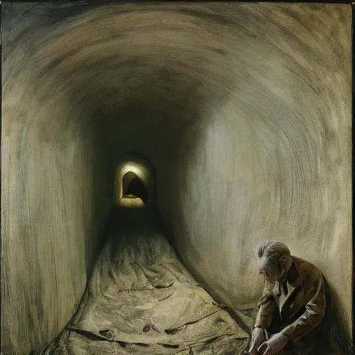 Image similar to Andrew Wyeth artwork, A man with a wooden box under his arm stands inside a dark tunnel, looking up with an expression of horror