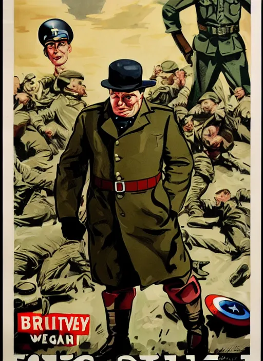 Image similar to winston churchill captain america standing on a pile of defeated, beaten and broken german soldiers. captain england wins wwii. brittish wwii propaganda poster by james gurney and pixar. overwatch.