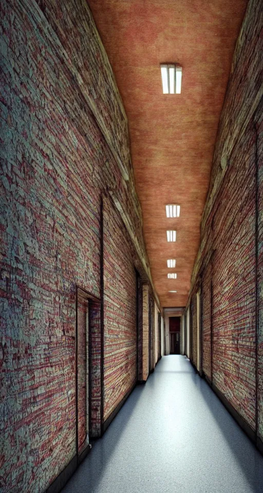 Image similar to a long colorful asylum hallway, one point perspective, vanishing point, symmetrical composition, rich colors, dramatic lighting, by lee madgwick, photorealistic, v - ray render 8 k uhd