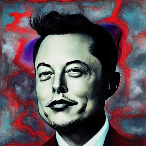 Prompt: Surrealist Portrait painting of Elon Musk, album cover