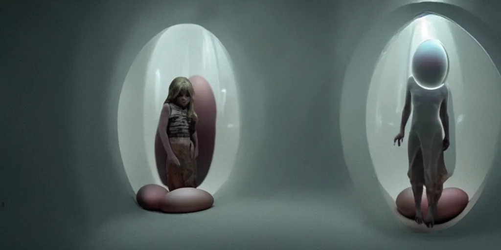 Prompt: a girl lay eggs from an alien para site inside her, realistic, still shot from movie, horror