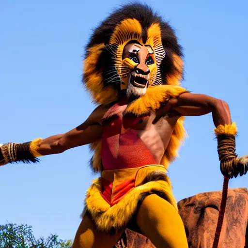 Image similar to bad mascot costumes in the lion king stage show at disneyland, covered outdoor stage, theatrical lighting, iphone video