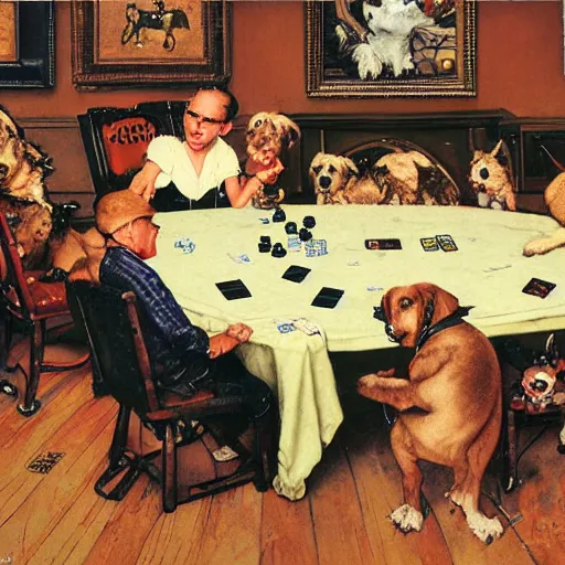 Prompt: sentient human - sized cards playing a tabletop game with miniature dogs, oil painting, by norman rockwell.