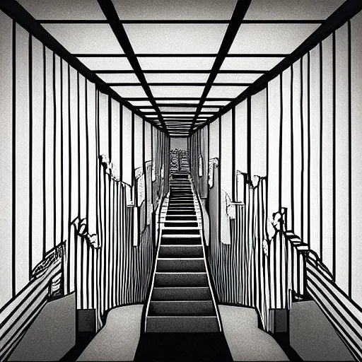 Image similar to “a disorienting white hallway and stairwell with many doors, confusing, creepy, eerie, doors, stairs, dimensions, MC Escher architecture, anime style, detailed background”