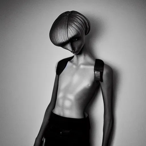 Image similar to fashion photography of a genderless deformed alien model, full body, photo 3 5 mm leica, hyperdetail, berghain, 8 k, very detailed, black and white