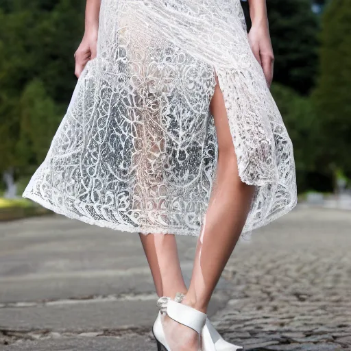 Image similar to antediluvian crystal atlantean hyperborean fashion lace skirt with natural floral motifs, young white - blonde model, sharp focus, outdoors, godrays, dramatic lighting