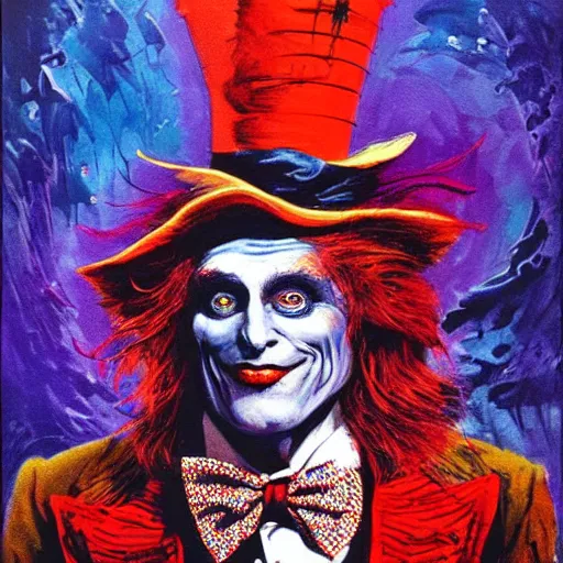 Image similar to a portrait of the mad hatter in wonderland, by basil gogos and phillipe druillet and paul lehr, trending on artstation hq, deviantart, pinterest, 4 k uhd image