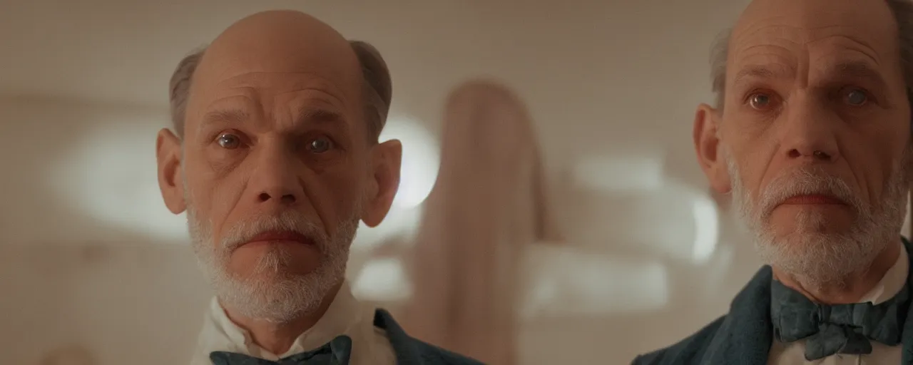 Prompt: 3 / 4 mid close up john malkovich in a sci - fi overlook hotel room, wes anderson movie, rembrandt lighting, imax 4 0 mm anamorphic lens, tetradic color scheme,