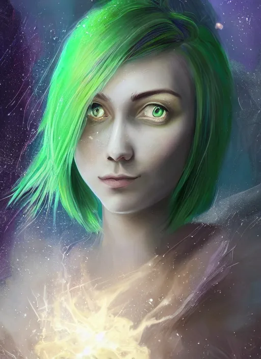 Image similar to Portrait of young female sorcerer, D&D fantasy, her hair is green and styled in a Bob Cut, magic particles fly from her hands, she has a distant expression, and is wearing a shirt and vest. A pixie with blonde hair floats above her shoulder. Intricate, highly detailed, digital painting, artstation, concept art, sharp focus, illustration, art by greg rutkowski and Ross Tran