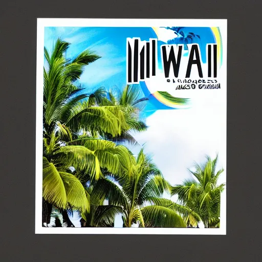 Prompt: miracle musical Hawaii part ii album cover, showing an ocean in the background, spiral transparent stairs on the left with tall palm trees behind it, a slight rainbow in the background, white outline border, moon in the right top area black and white