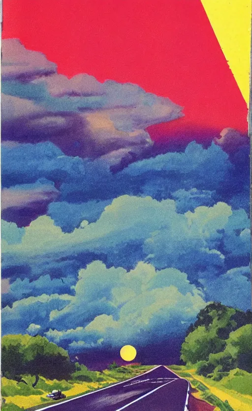 Image similar to paperback book cover. 1 9 7 0 s. pure colors, melting clouds, accurately drawn details, a sunburst above a receding road with the light reflected in furrows and ruts, after rain. and no girls.