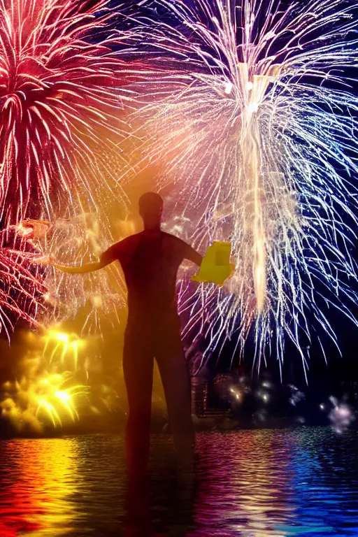 Image similar to scooter techno standing in water with fireworks in background, full body, reflection in water, volumetric lighting, golden ratio