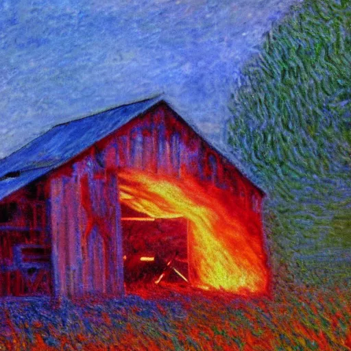 Image similar to a small barn engulfed in flames in the style of Monet