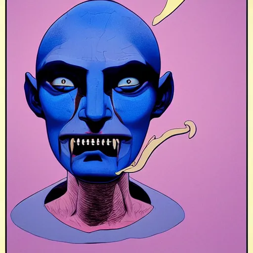 Image similar to prussian blue by tomer hanuka imposing, sigma 8 5 mm f / 1. 4. a beautiful body art of a giant head. the head is bald & has a big nose. the eyes are wide open & have a crazy look. the mouth is open & has sharp teeth. the neck is long & thin.