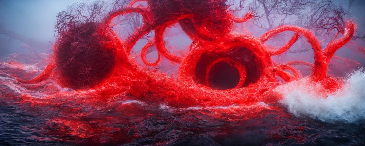 Image similar to giant elder kraken covered in red lightning in the middle of a giant whirlpool, award winning photograph, national geographic, 8k UHD