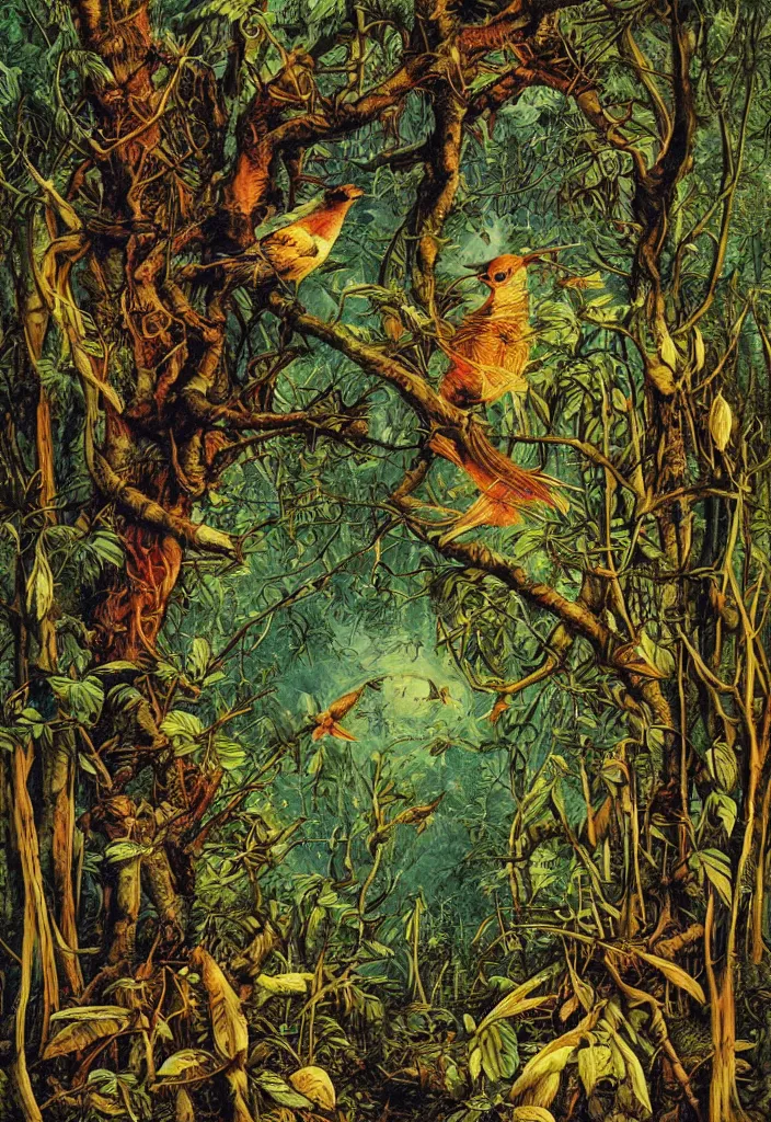 Image similar to a bird in a forrest in the style of patrick woodroffe, masterpiece, fantastic, High quality image