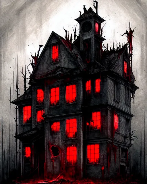 Prompt: disturbing grunge image of a demon infested house. horror colored ink art, by greg tocchini, by tom bagshaw, white red, black, crimson and grey gradient color scheme