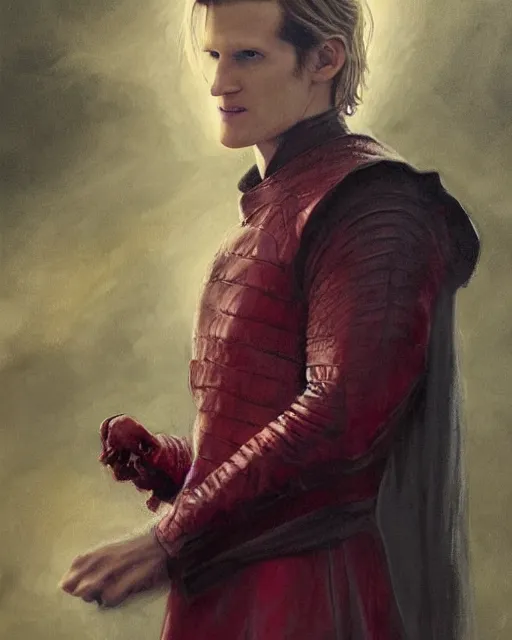 Prompt: detailed painting of matt smith with a long pale blond hair and fantasy noble red clothes, fantasy, game of thrones, targaryen, horror, ethereal, greg rutkowski, magali villeneuve and monet