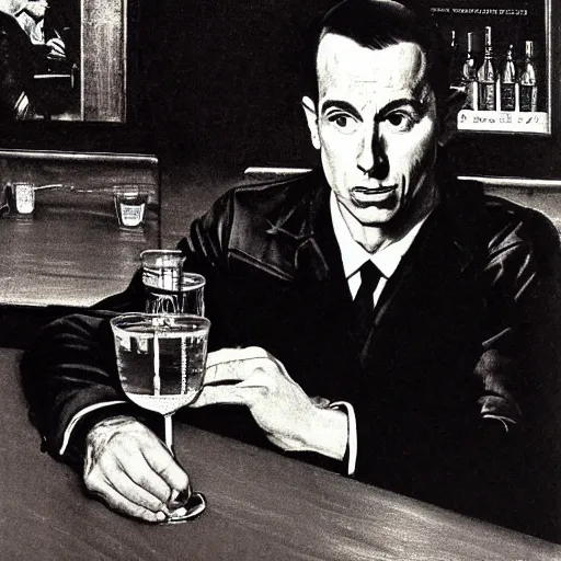 Prompt: a portrait of a man in the 1 9 6 0 s drinking alone in a bar late at night, black and white monochrome, by norman rockwell