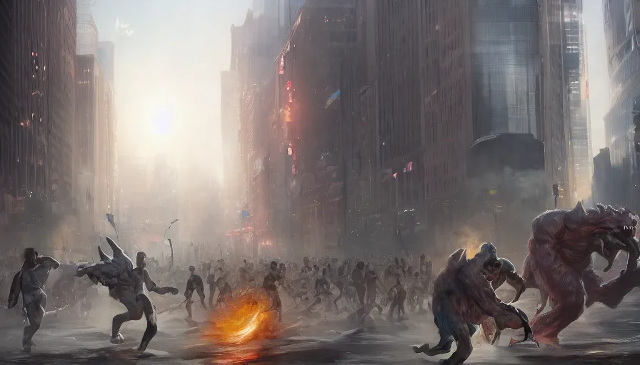 Prompt: Digital painting of people fleeing a giant monster attack in the streets in Chicago, hyperdetailed, artstation, cgsociety, 8k