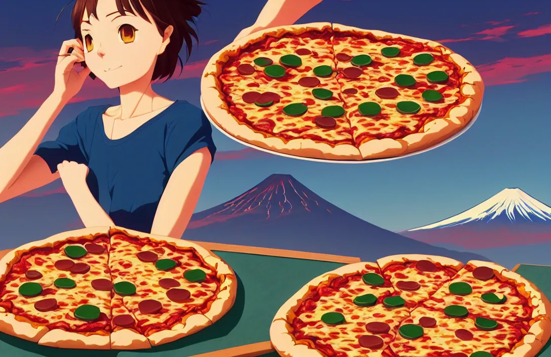 Prompt: portrait of pizza shapes, mount fuji background, rich vivid colors, ambient lighting, dynamic lighting, 4 k, hq, official media, anime key visual, makoto shinkai, ilya kuvshinov, lois van baarle, rossdraws, detailed, trending on artstation