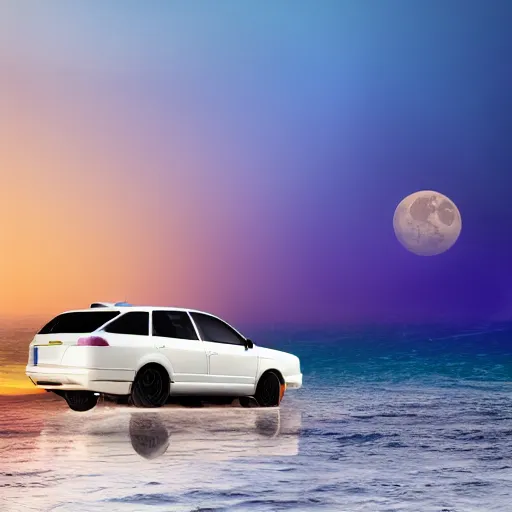 Prompt: man on the car in the middle of sea, moon glowing, 4 k render,