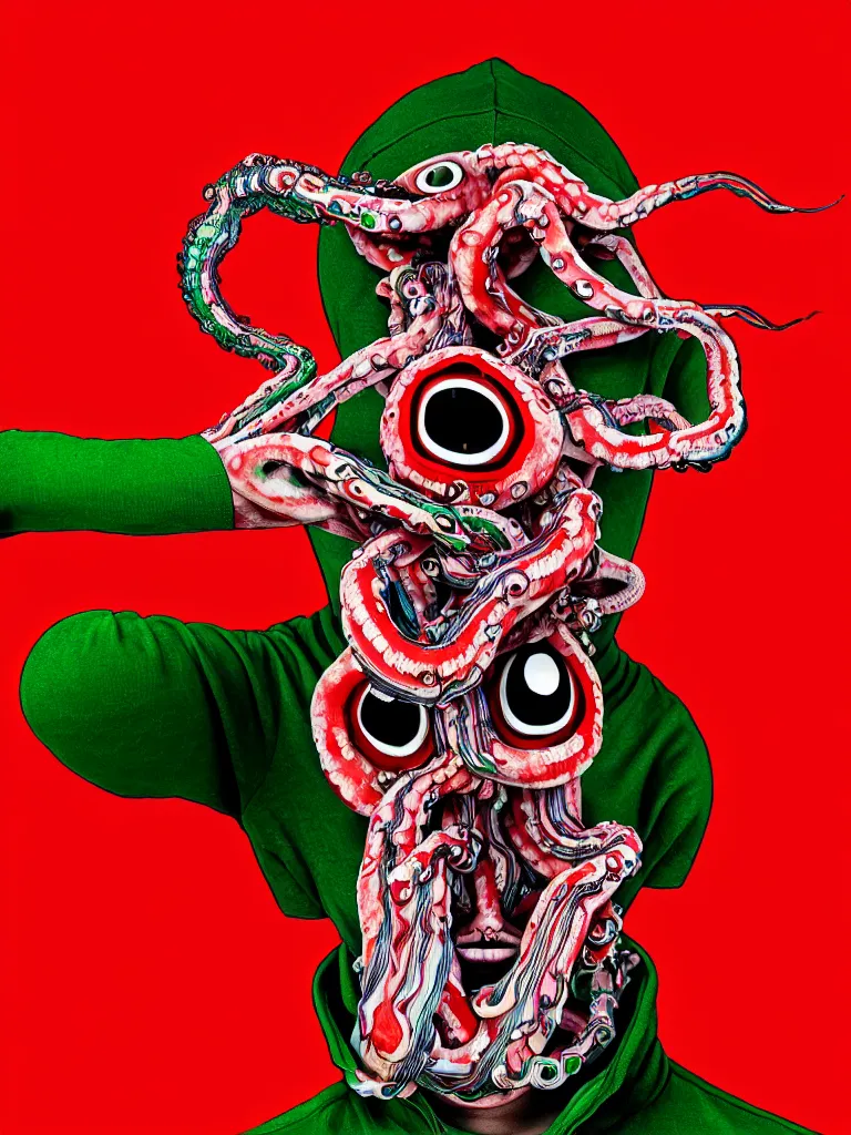 Image similar to a self portrait photograph by the artist kelbv, in distinct hyper detailed style with tubes coming from eyes, and hollowed out head filled with red and green gingham ellipsoids, perfect studio lighting against a backdrop of a still from the movie squid asthma.