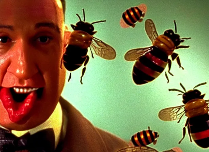 Image similar to film still of ted cruz as the candyman with bees coming out of his mouth in candyman 1 9 9 2