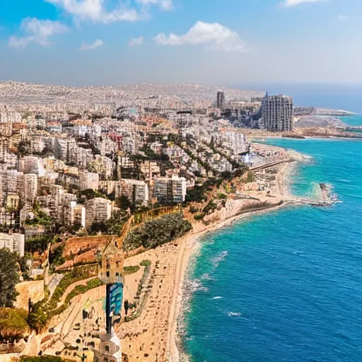 Image similar to a colorful vivid view of haifa with detailed flying unicorns in the sky