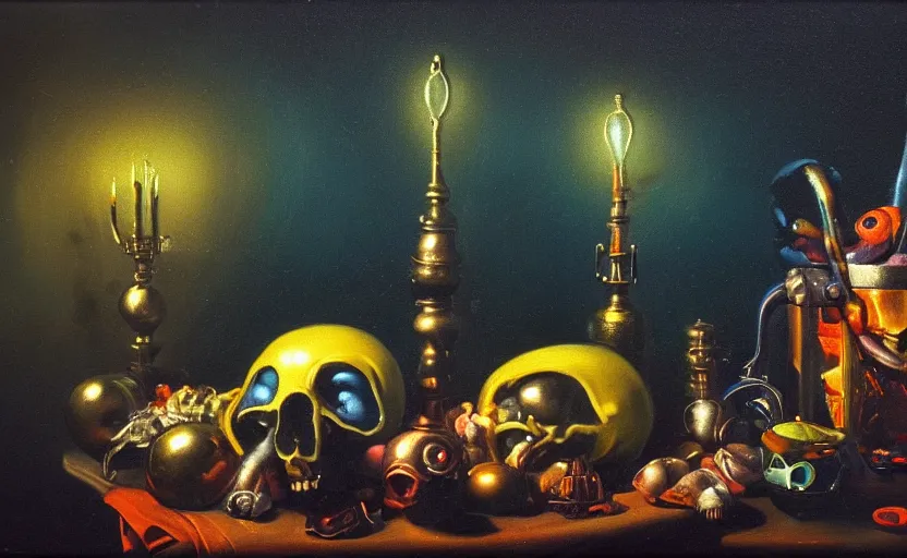 Prompt: disturbing colorful oil painting dark background dutch golden age vanitas still life futuristic sci fi beautiful composition with shiny smooth objects strange lights shiny metal reflections moody lights rachel ruysch dali todd schorr very detailed perfect composition rule of thirds masterpiece canon 5 0 mm, cinematic lighting, photography, retro, film, kodachrome