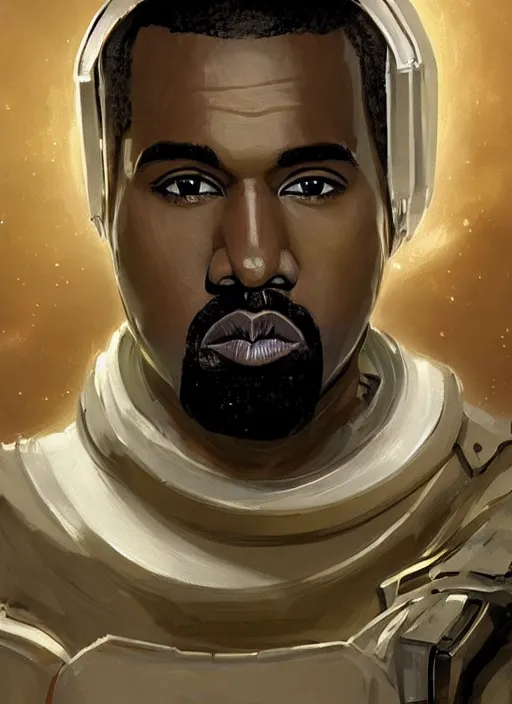 Image similar to painted full body portrait of kanye west as a magicpunk futuristic medieval astronaut by greg rutkowski, he is about 3 0 years old, short blond hair, athletic and strong, straight jaw, wearing futuristic space gear, highly detailed portrait, digital painting, artstation, concept art, smooth, sharp foccus ilustration, artstation hq.