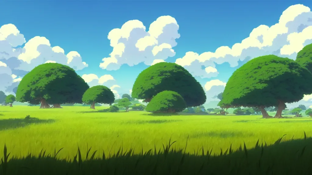 Prompt: open fields landscape, studio ghibli, pixar and disney animation, sharp, rendered in unreal engine 5, highly detailed, digital painting, artstation, concept art, smooth, sharp focus, illustration, wide angle, artbook, wallpaper, splash art, promo art, dramatic lighting, art by artgerm and greg rutkowski and bo chen and jin xiaodi