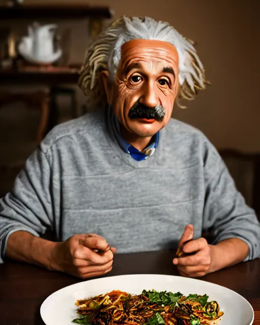 Image similar to a portrait of albert einstein sitting at the dining table with a plate containing manchurian in front of him, highly detailed, trending on artstation, bokeh, 9 0 mm, f / 1. 4