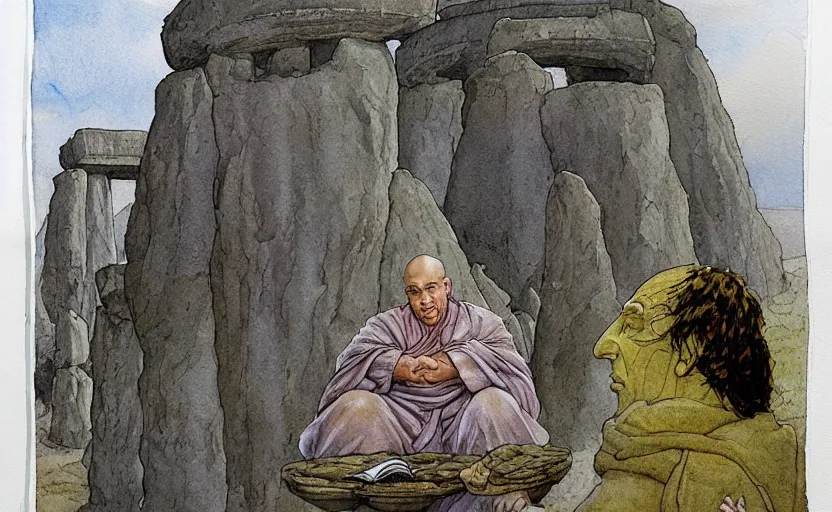 Prompt: a hyperrealist watercolor fantasy concept art of giant monk with a long forehead in grey robes sitting in stonehenge. in the background a ufo is in the sky. by rebecca guay, michael kaluta, charles vess