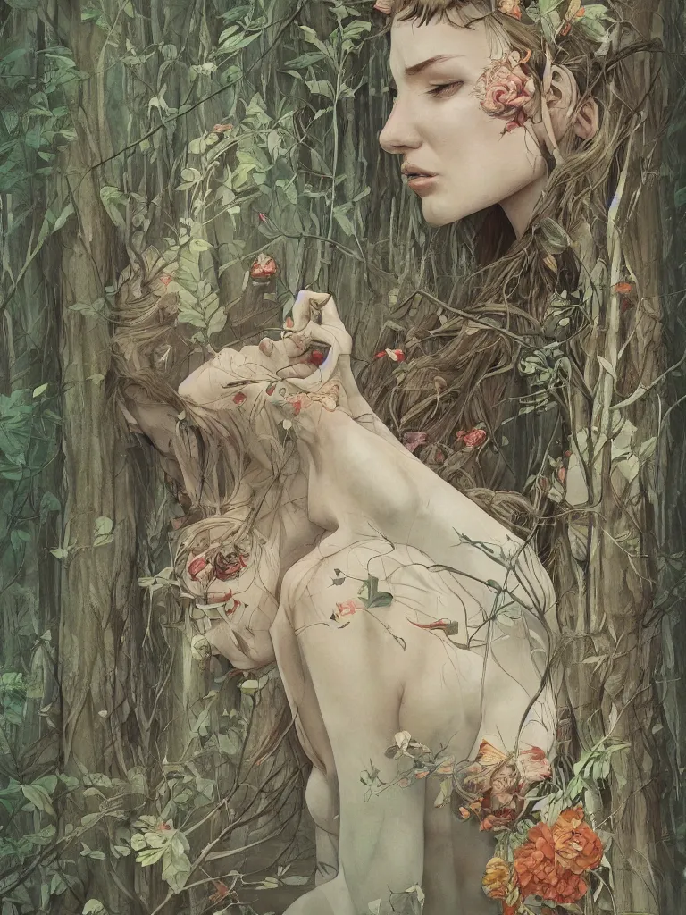 Prompt: artist james jean and sam spratt beautiful illustration of a nature - loving women in the woods, high detail, artstation, natural colors,