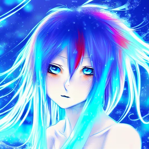 Prompt: advanced digital anime art, a very cute gorgeous teenage girl with a body made of fire and ice , full body, very long snow colored hair, sky blue highlights in hair, red fiery watery eyes, wearing a dress made of water, full round face, dramatic cinematic lighting, wideshot, highly intricately detailed, glitched background, cracked screen, trending on pixiv, Artstation, painted by Rossdraws and the style of Sakimimichan