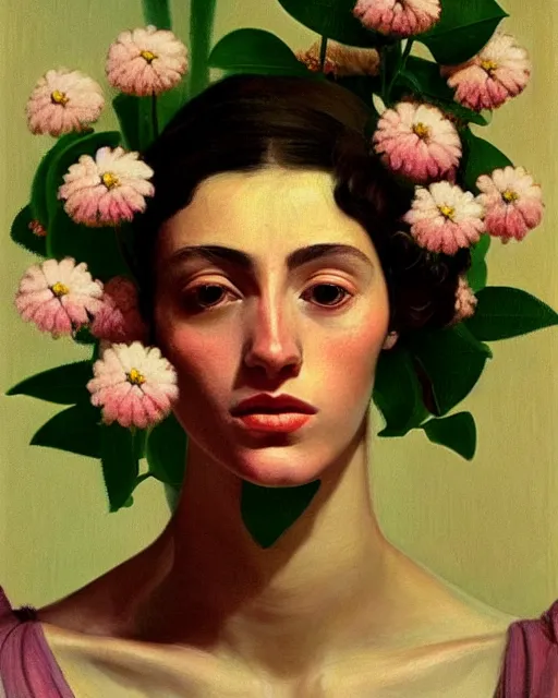 Prompt: portrait of a woman with flowers, clemente, francescomau wilson, filonov, beautiful face, octane rendering