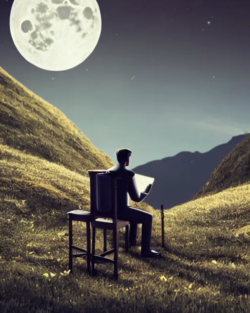 Prompt: handsome man playing a piano in the moonlight on a mountain, photorealistic, atmospheric 50mm lens