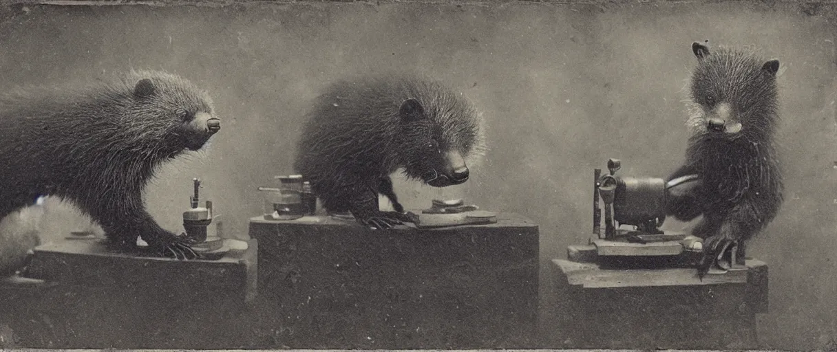 Image similar to detailed daguerreotype of a honey badger as watchmaker in workshop, stempunk vintage style, wet collodion, stempunk, sepia, monochrome black and white, artistic photo from late xix century, high resolution, dark atmosphere, gum bichromate