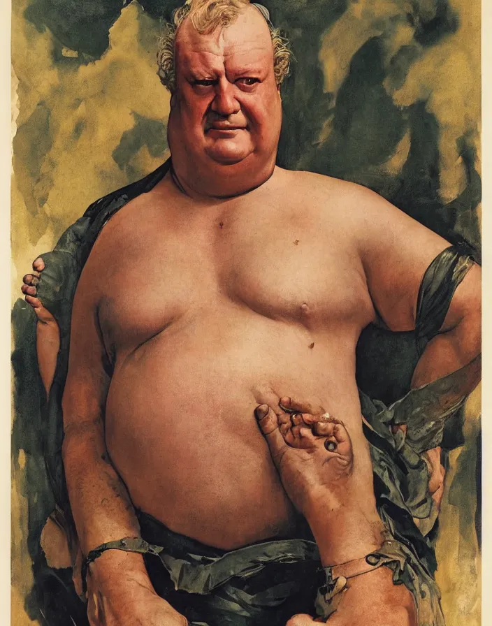 Image similar to upper body portrait of actor kenneth mcmillan as the baron harkonnen in dune movie, norman rockwell, leyendecker