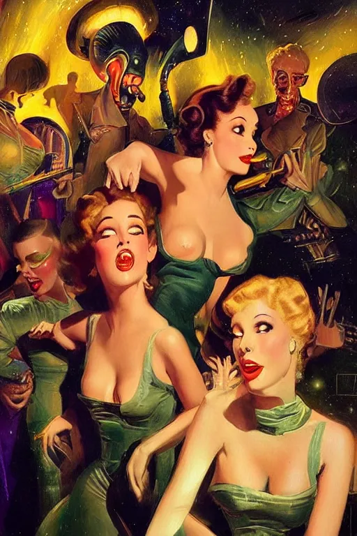 Prompt: Alien debutantes from another planet visit a jazz nightclub in Harlem in 1946, an epic painting, volumetric lighting, intricate, elegant, highly detailed, digital painting, artstation, concept art, smooth, sharp focus, art by Gil Elvgren