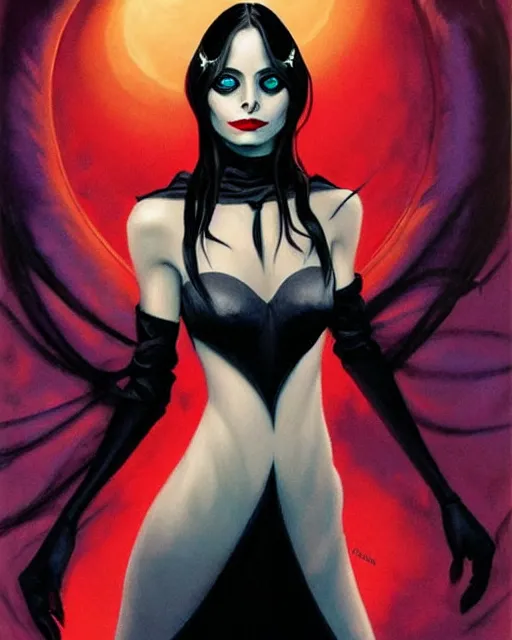 Image similar to style of gerald brom : : gorgeous willa holland : : evil witch, swirling black magic, black dress : : symmetrical face, symmetrical eyes : : full body pose : : gorgeous black hair : : magic lighting, low spacial lighting : :