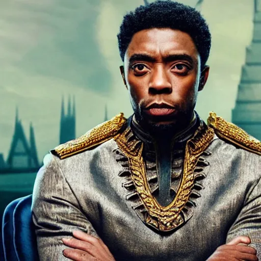 Prompt: royal portrait of chadwick boseman looking upwards while wakanda can be seen behind him from afar.
