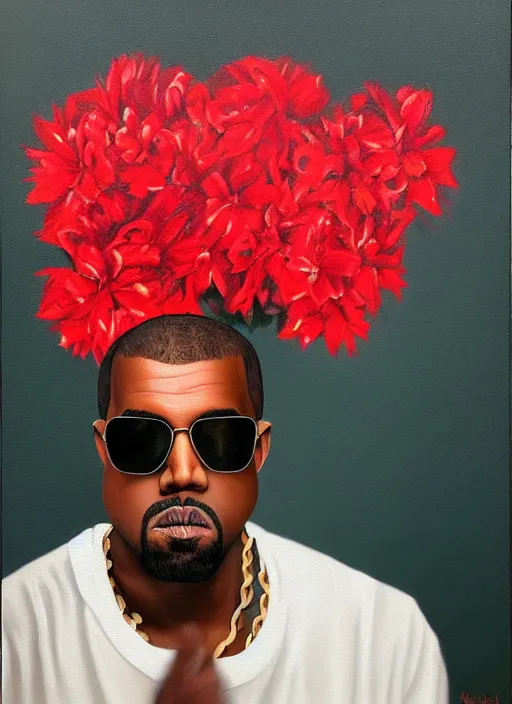 Image similar to hyperrealistic oil painting of Kanye West with red flowers in the background