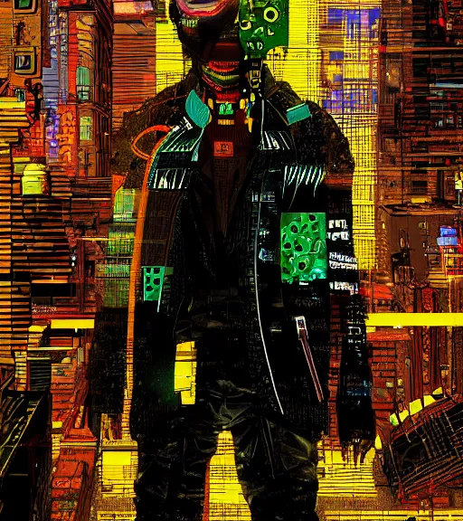 Image similar to a cyberpunk man with a glitching patchwork face of various people, techwear, Industrial Scifi, detailed illustration, character portrait, by Martin Grip and Moebius