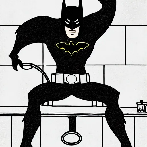 Prompt: dramatic angle drawing of constipated batman sitting on a toilet with pants down, sweating, tiny room with dirty wall tiles, by hayao miyazaki, super detailed, 4 k