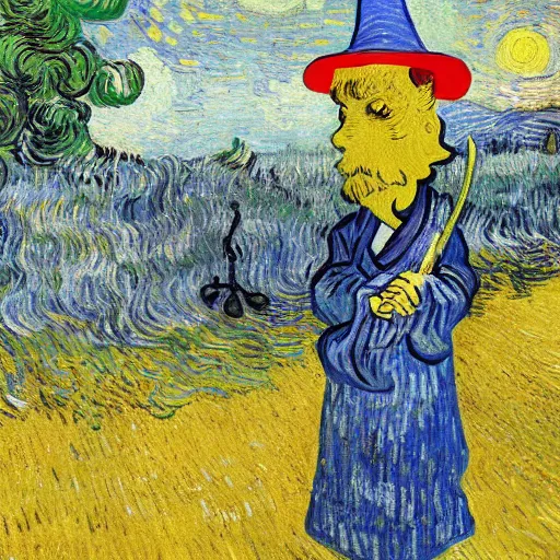 Image similar to ghost wearing a party hat and holding a sword in a japanese garden, van gogh painting,