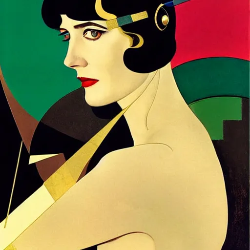 Image similar to Eva Green, Art by Coles Phillips, Gilded outfit, Jet black hair, Green eyes, Portrait of the actress, Eva Green as Space Commander Alpha from the Year 4000, geometric art, poster, no text, Mucha, Kandinsky, carbon blac and antique gold