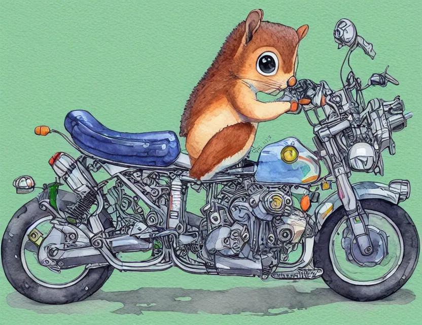 Image similar to cute and funny, a bipedal squirrel washing his motorcycle, centered award winning watercolor pen illustration, isometric illustration by chihiro iwasaki, edited by range murata, tiny details by artgerm and watercolor girl, sharply focused