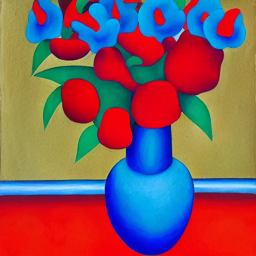 Image similar to a painting of a blue vase with red flowers, a gouache by tarsila do amaral, pixabay contest winner, cloisonnism, acrylic art, oil on canvas, detailed painting